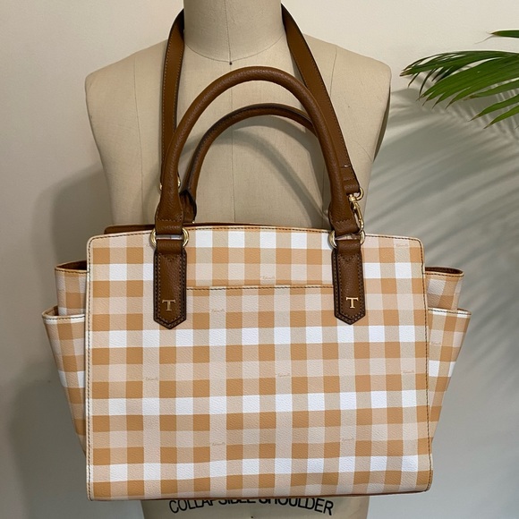 Tignanello gingham plaid saffiano satchel bag with removable strap - Picture 2 of 11